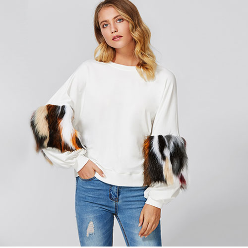 2018 New Drop Shoulder Pullover With Faux Fur Sleeve