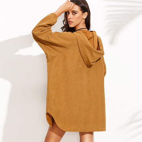 2018 Hot Brown Zipper Front Hooded Long Sleeve Outerwear