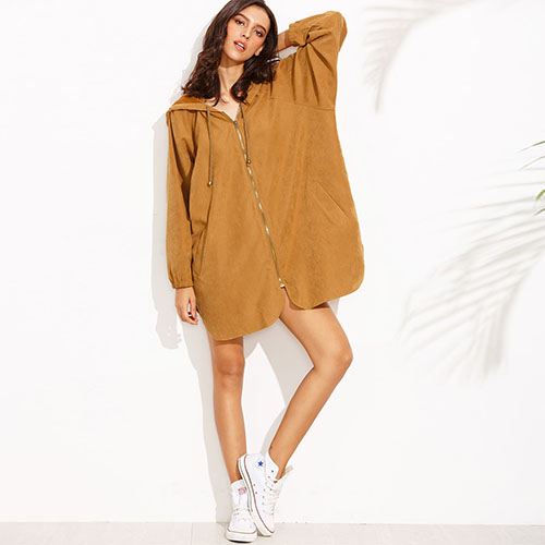 2018 Hot Brown Zipper Front Hooded Long Sleeve Outerwear